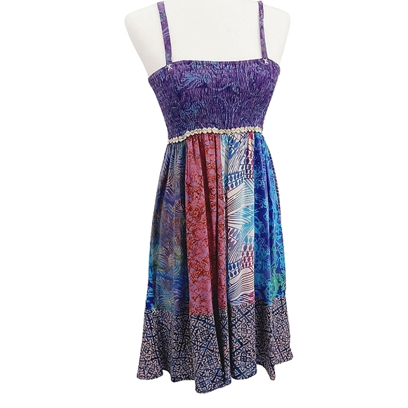 Santiki Dresses & Skirts - SANTIKI Smocked Bodice Multiprint Batik Paneled Skirt Sundress Small